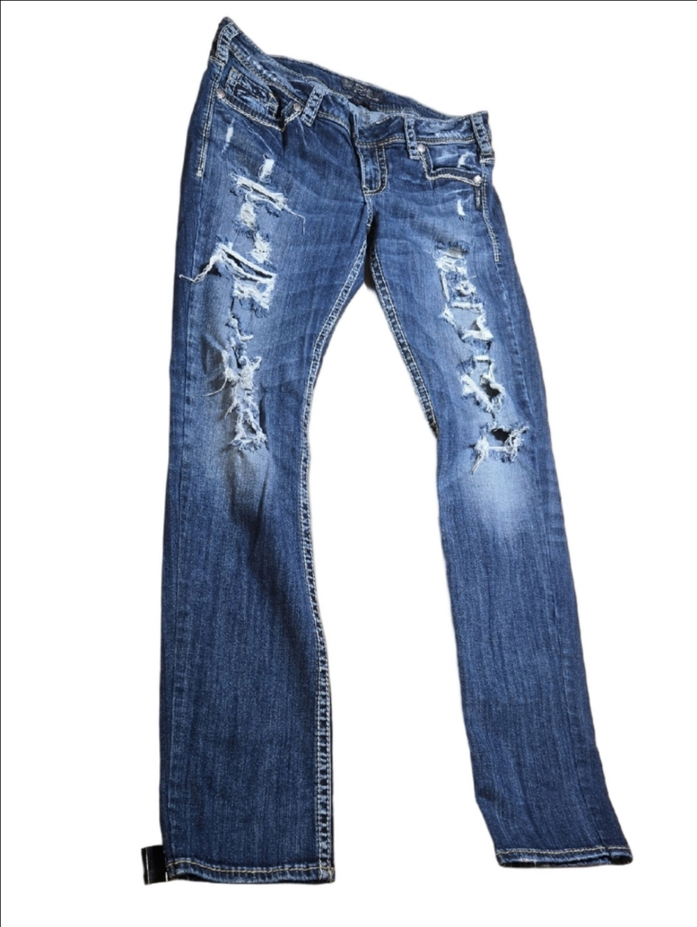 ♡Silver Jeans Distressed Straight-Leg Jeans in Blue Size 31w X 33l